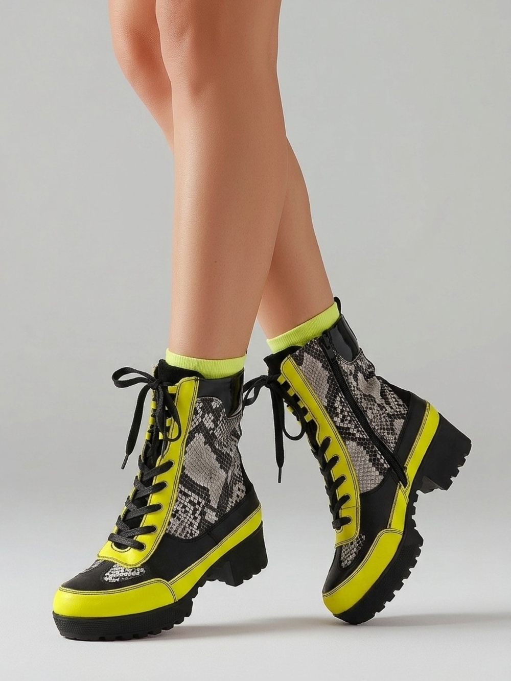 BAMBOO Black & Neon Yellow Snake-Print Lace-Up Combat Boots
